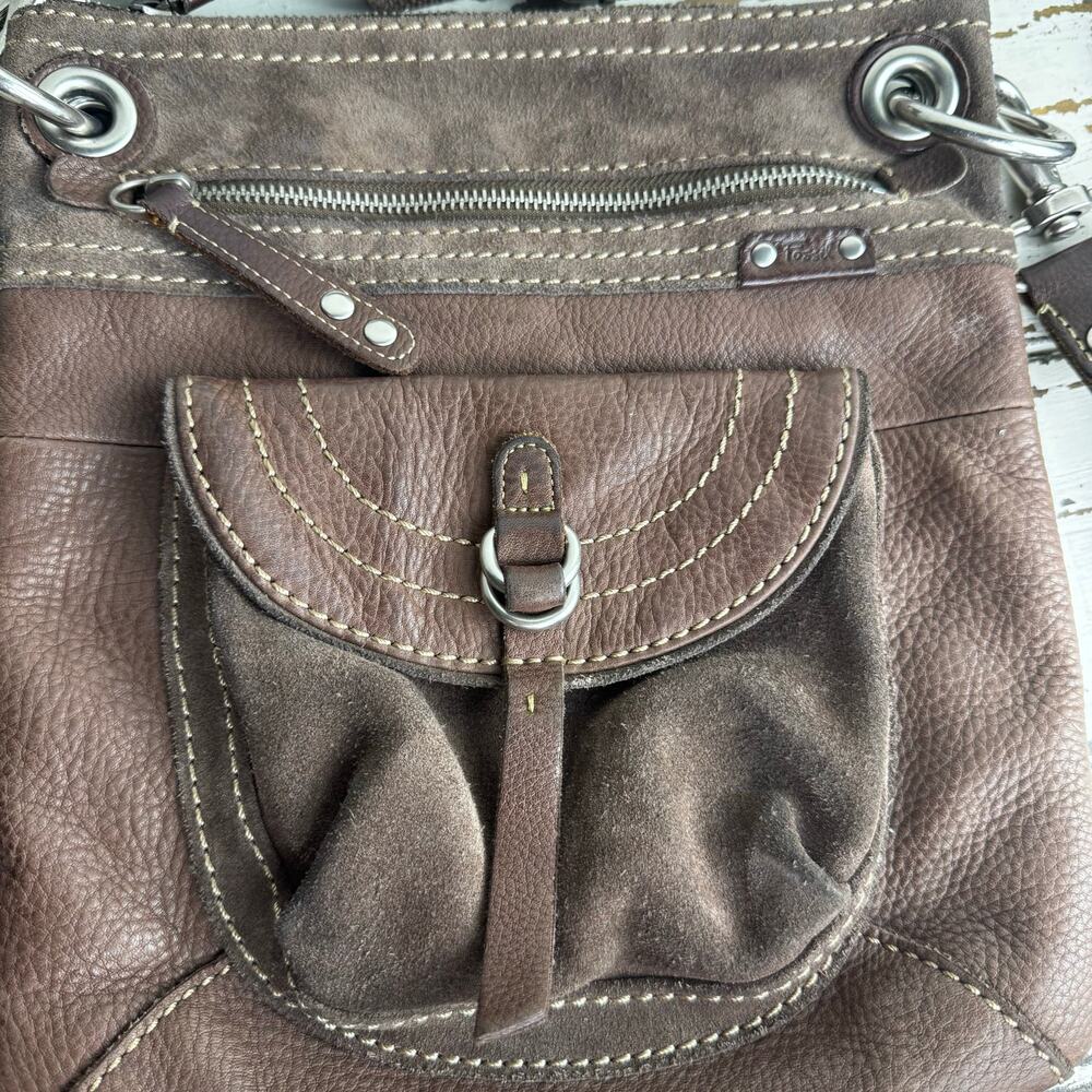 Vintage Fossil Crossbody Saddle Bag Brown Suede Leather Purse Boho Y2K 10x11.5” - Picture 2 of 12
